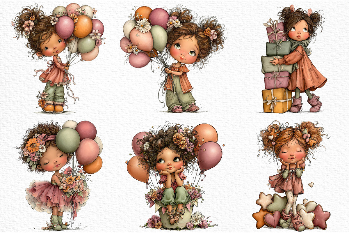 Whimsical Birthday Girls Clipart, a Seasonal Illustration by Craft Nest (Photo 3 of 6)