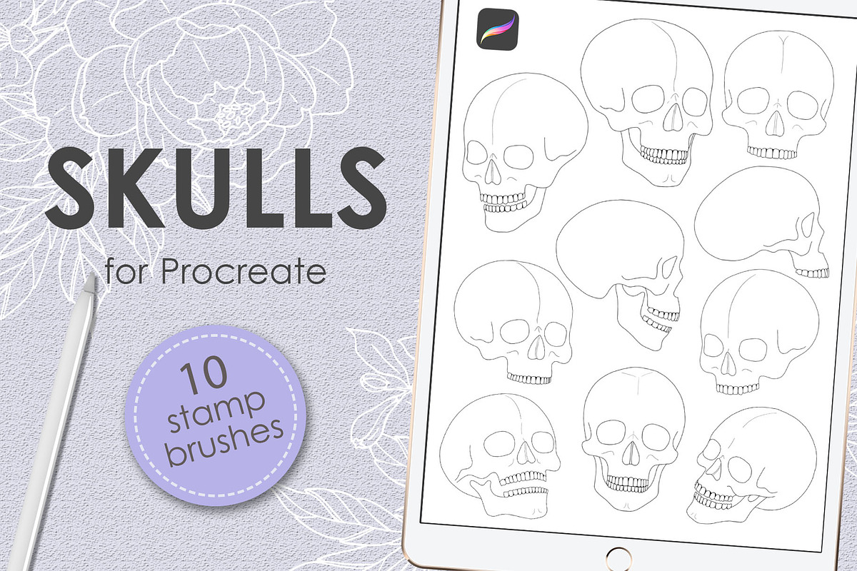 Skulls procreate stamp brushes, a Brush Add-On by Veronika Gotovceva (Photo 1 of 3)