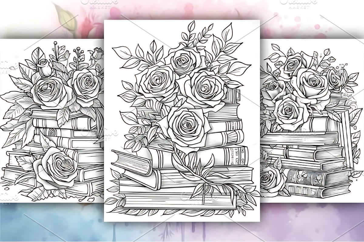 Books with Flowers Coloring Book, a Decorative Illustration by Design Station (Photo 3 of 4)