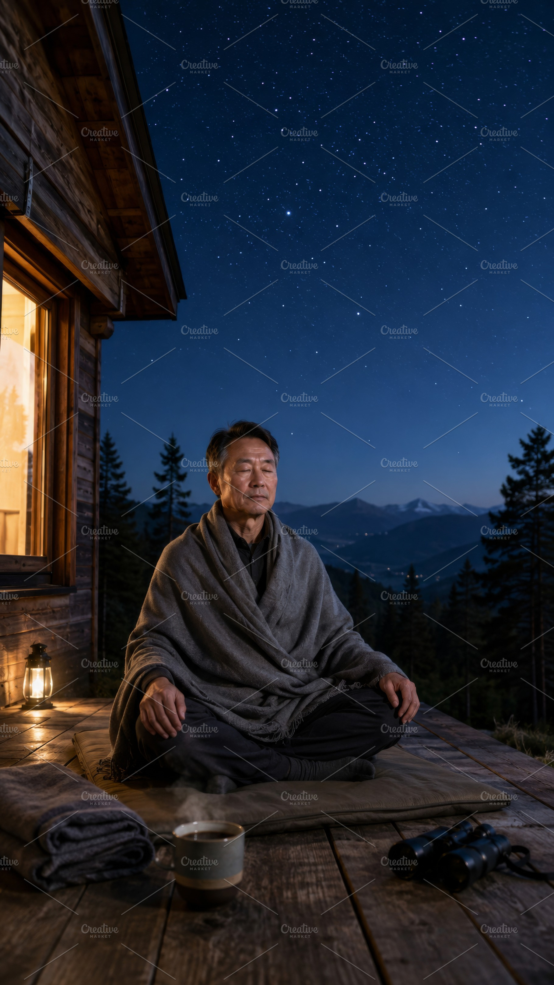 Man stargazing outside cabin at nigh, a Photo by Dvoevnore photos