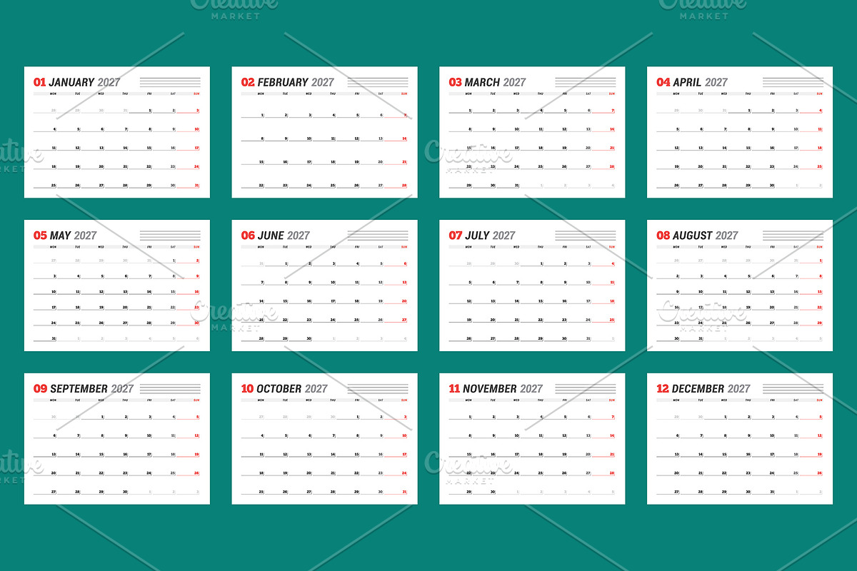 Minimal 2027 Vector Calendar EPS, a Texture Illustration by mikhailmorosin (Photo 4 of 8)