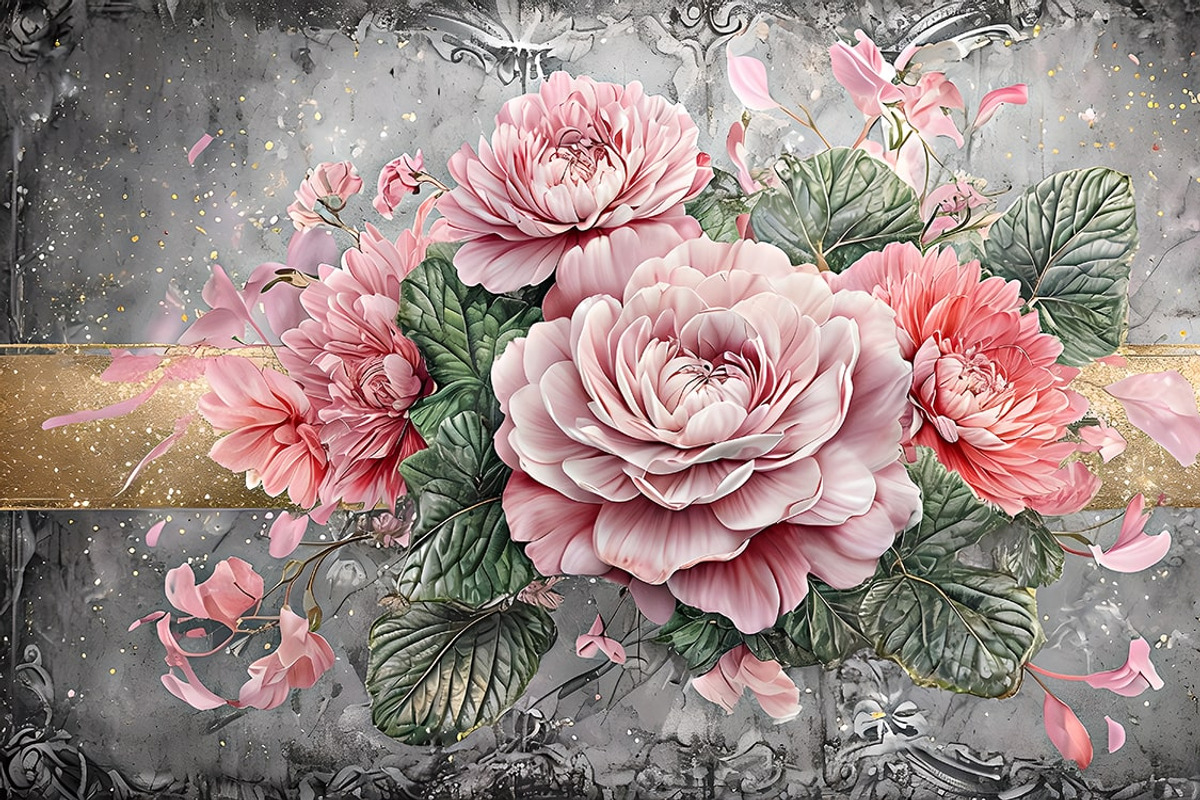 Digital Pink Roses on Grey Marble, an Illustration by Liubovi Samoilova SHOP