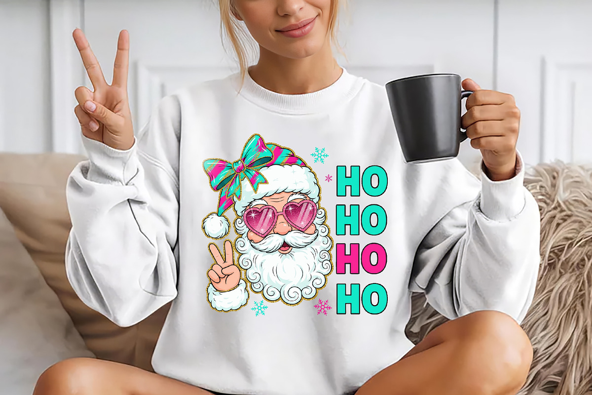 Ho Ho Ho pink and teal Santa and bow, a Seasonal Illustration by YA Design (Photo 2 of 4)
