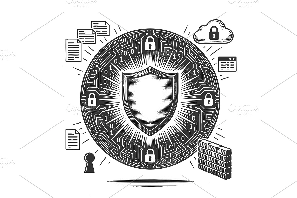 Cybersecurity shield protecting, a Technology Illustration by AlexArt