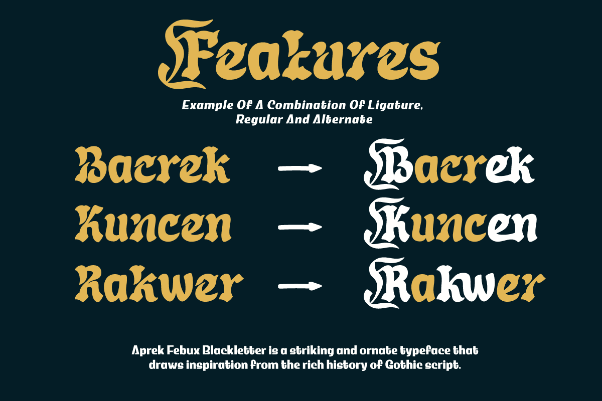 Aprek Febux - Display Font, a Blackletter Font by twinstd (Photo 3 of 10)