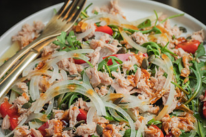 Fresh Tuna Salad with Onions and Cherry Tomatoes. Italian Mediterranean Cuisine, a Food & Drink Photo by Budarinphoto