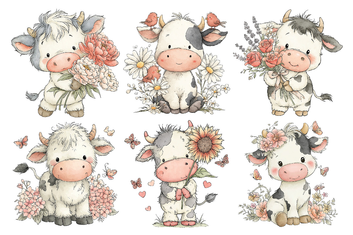Watercolor Cute Cow Clipart, an Animal Illustration by Creative Art (Photo 5 of 7)