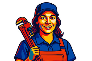 Smiling cartoon plumber holding pipe, an Illustration by AlexArt