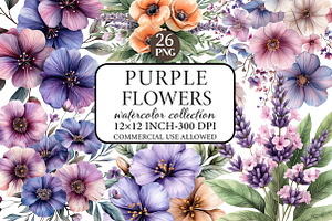 Watercolor Purple Flowers Clipart, an Illustration by Libby Wishes