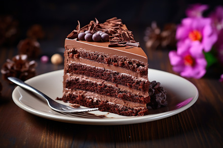 Piece of chocolate cake with shavings on plate on wooden table, a Food & Drink Photo by AlyaAnd