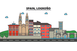 Spain, Logrono. City Skyline: Architecture, Buildings, Streets, Silhouette, Landscape, Panorama, Landmarks. Editable Strokes. Flat Design Line Vector 