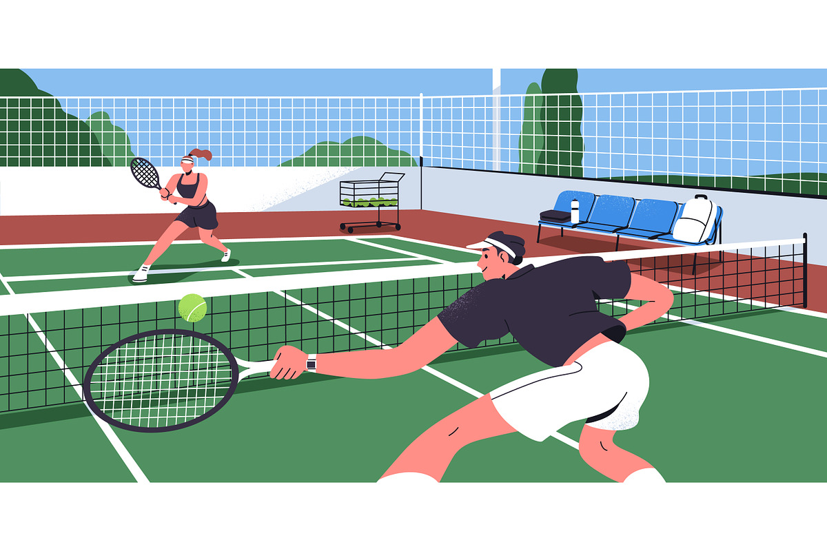 People play tennis on court banner, a Sport Illustration by Good Studio (Photo 2 of 3)