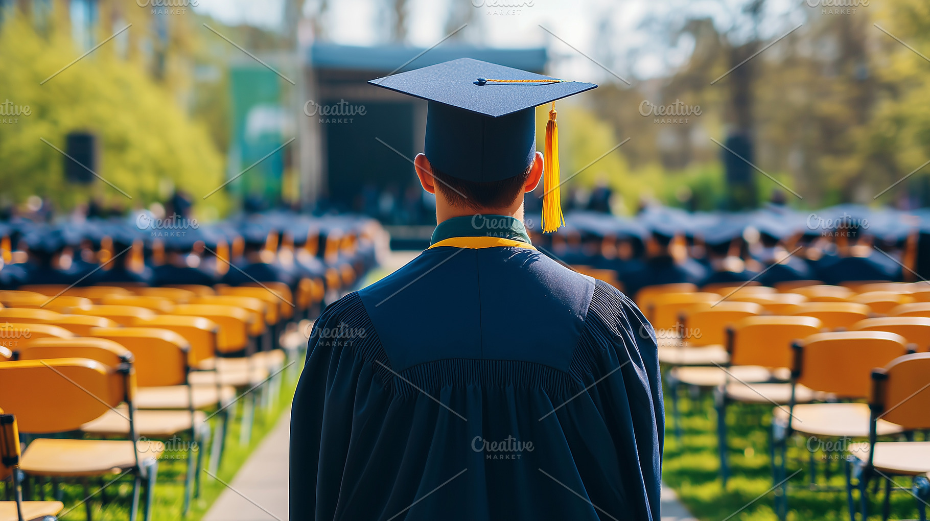Graduate in a cap and gown stands, a School & Education Photo by MistyDay