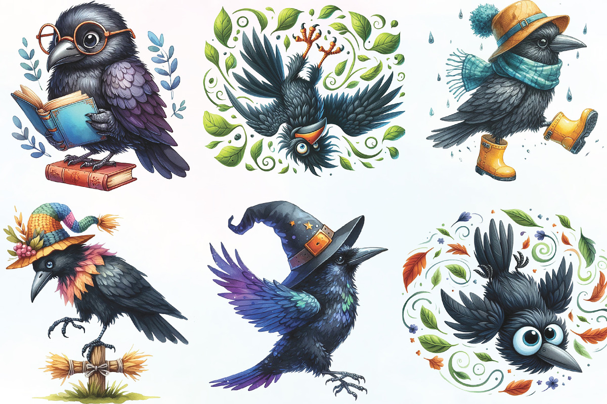 Watercolor Crow Clipart Funny Raven, an Illustration by CraftArtStudio (Photo 2 of 6)
