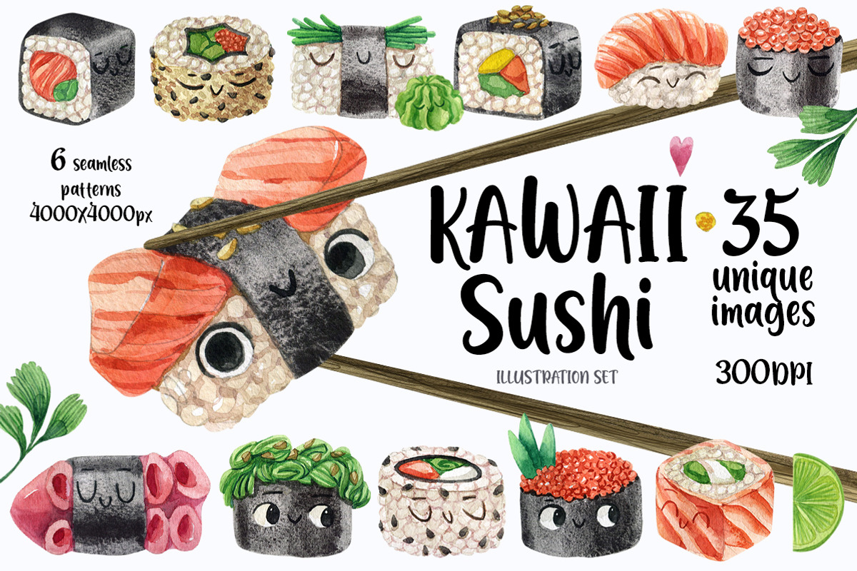Kawaii Sushi watercolor set, a Food Illustration by KatBranchArt (Photo 1 of 3)