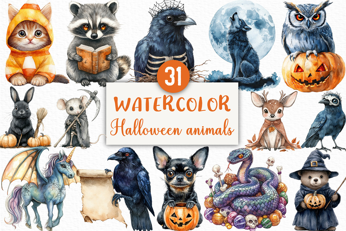 Watercolor Halloween Animals Clipart, an Illustration by Craft Nest (Photo 1 of 6)