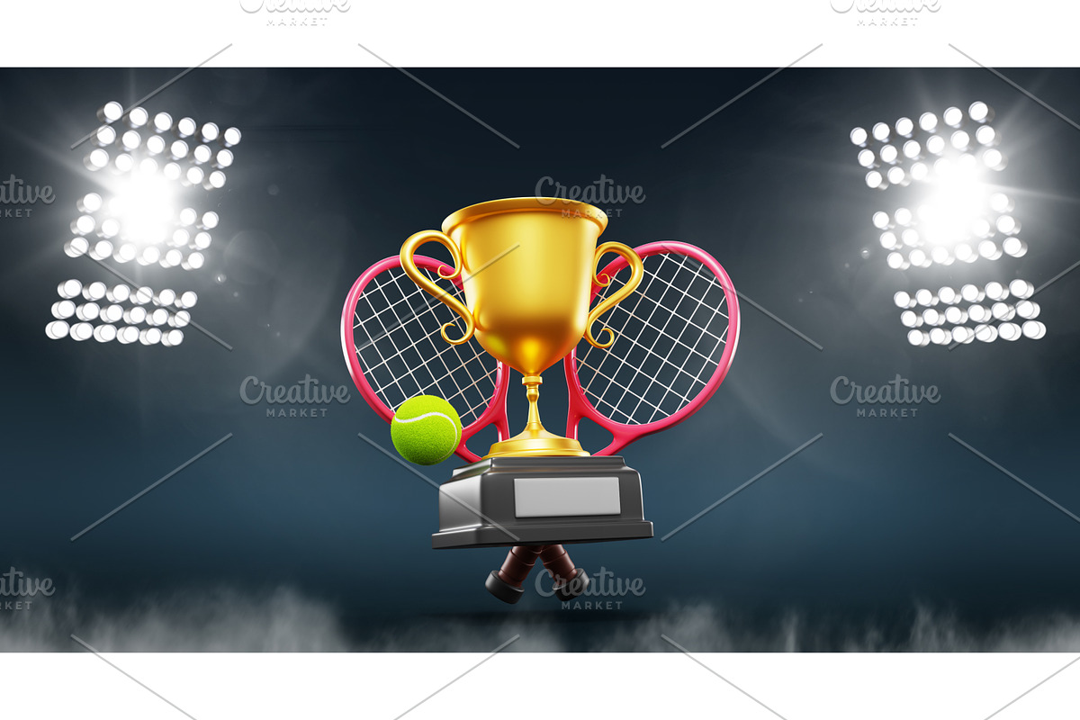 3d night tennis court with rackets, a Sport Illustration by Marozhkastudio
