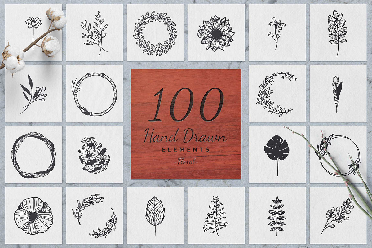 100 Hand Drawn Elements -Floral-, a Decorative Illustration by Michael Rayback Design (Photo 1 of 18)