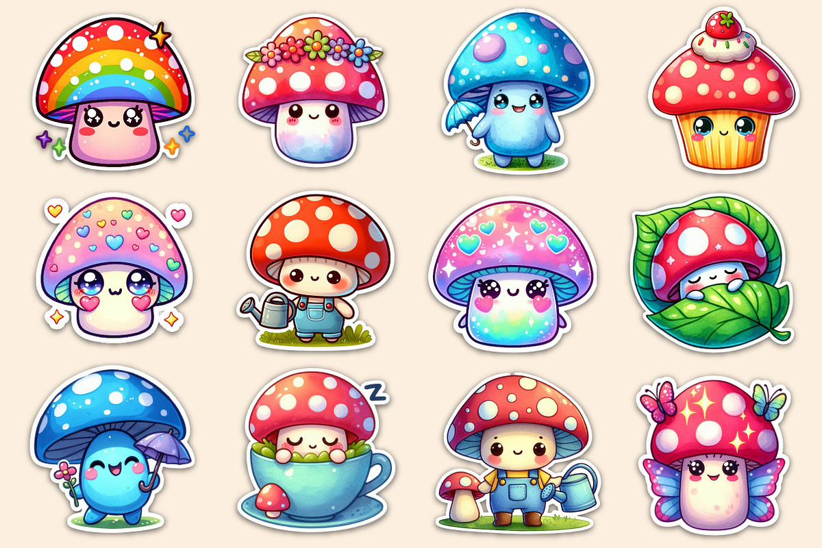 Kawaii Mushroom Stickers Clipart, an Illustration by Dream Creation (Photo 3 of 5)
