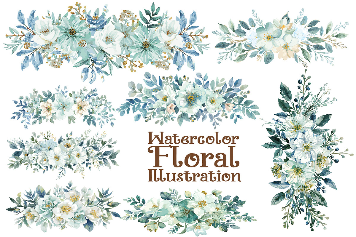 Blue Watercolor Floral Set, an Illustration by Designer_Momina (Photo 1 of 16)