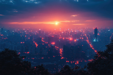 Stunning dusk skyline view of a vibr, a Photo by Tanuart