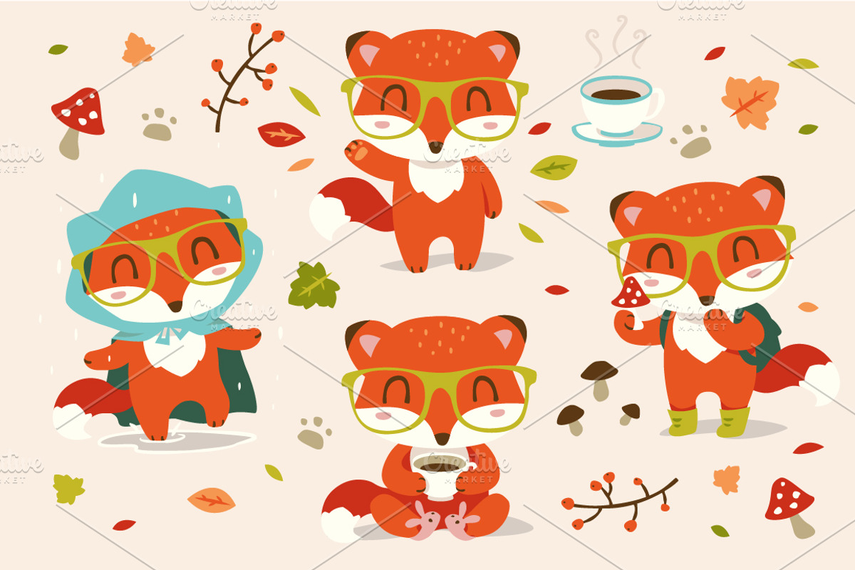 Cartoon autumn fox set, an Animal Illustration by SunnyWS (Photo 2 of 9)