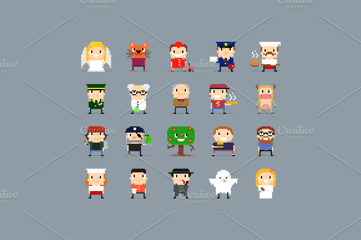 100 Pixel Art Characters, a Person Illustration by chewkotski (Photo 5 of 6)