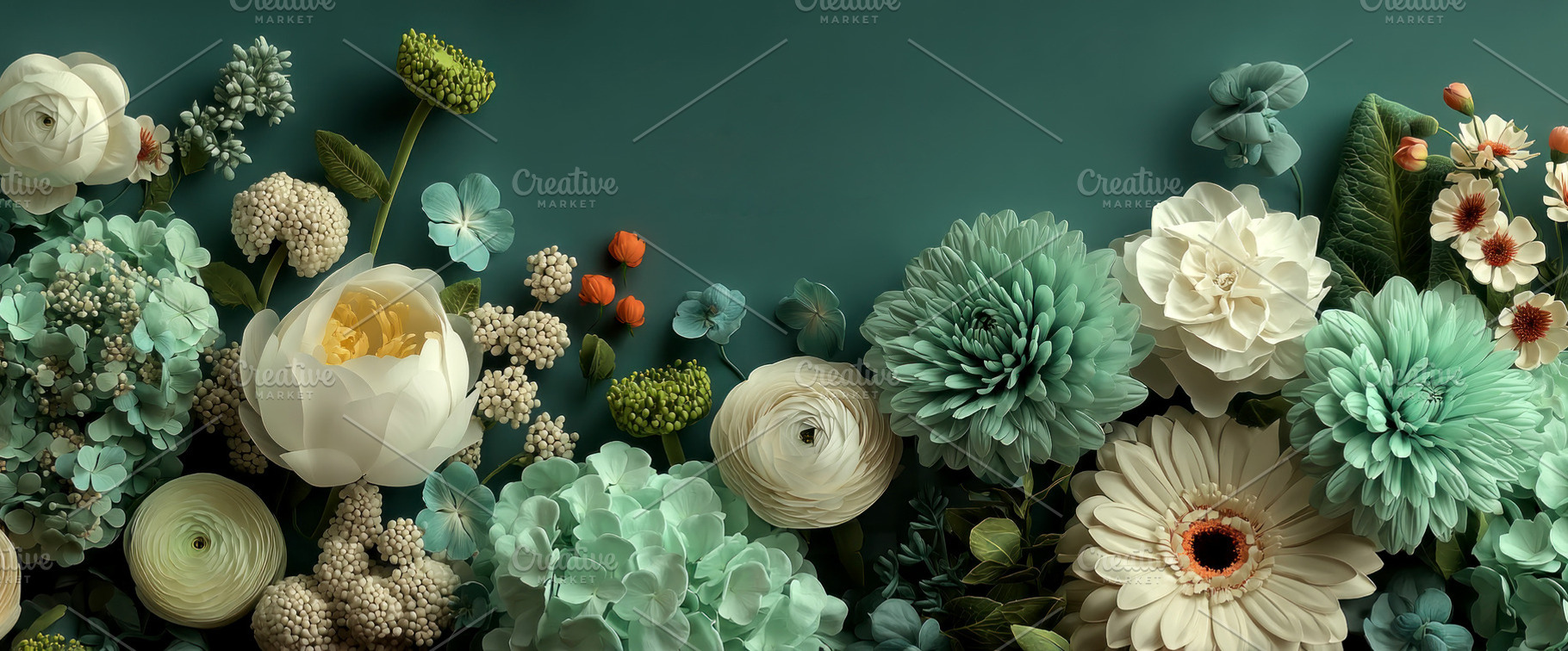 Elegant Teal and White Floral Arrangement with Peony Dahlia Hydr, a Nature Photo by José Manuel Gelpi