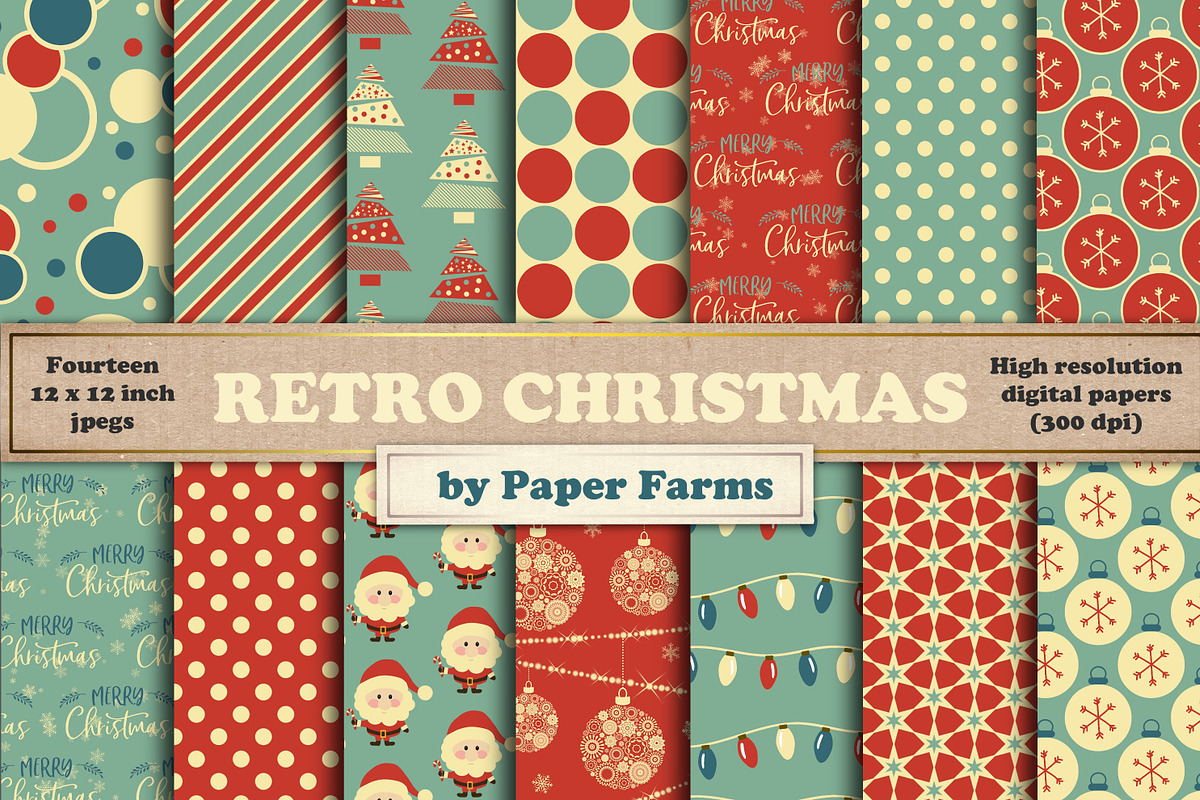 Retro Christmas digital paper, a Pattern Graphic by Paper Farms (Photo 1 of 2)