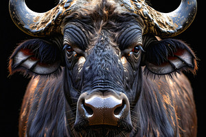 Wild african buffalo portrait with massive horns and dark eyes, an Animal Photo by GoodGoods