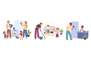 Happy family cleaning house. Funny, a Person Illustration by YummyBuum