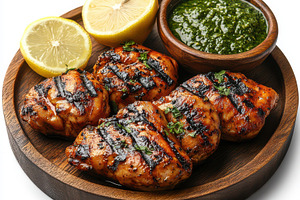 Grilled chicken tandoori on a wooden, a Food & Drink Photo by Pixeness Studio