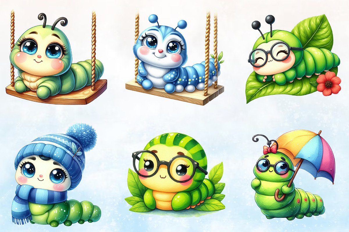 Watercolor Cute Caterpillar Clipart, a Seasonal Illustration by Rose Art (Photo 2 of 7)