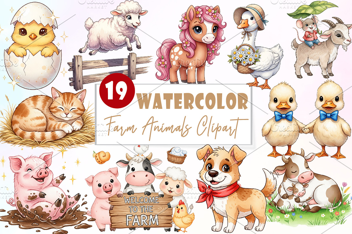 Farm Animals Watercolor Clipart, an Illustration by Watercolor design (Photo 1 of 6)