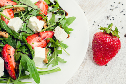Fresh salad with arugula and strawberries featuring arugula, strawberry, and, a Food & Drink Photo by NelliKovalchuk