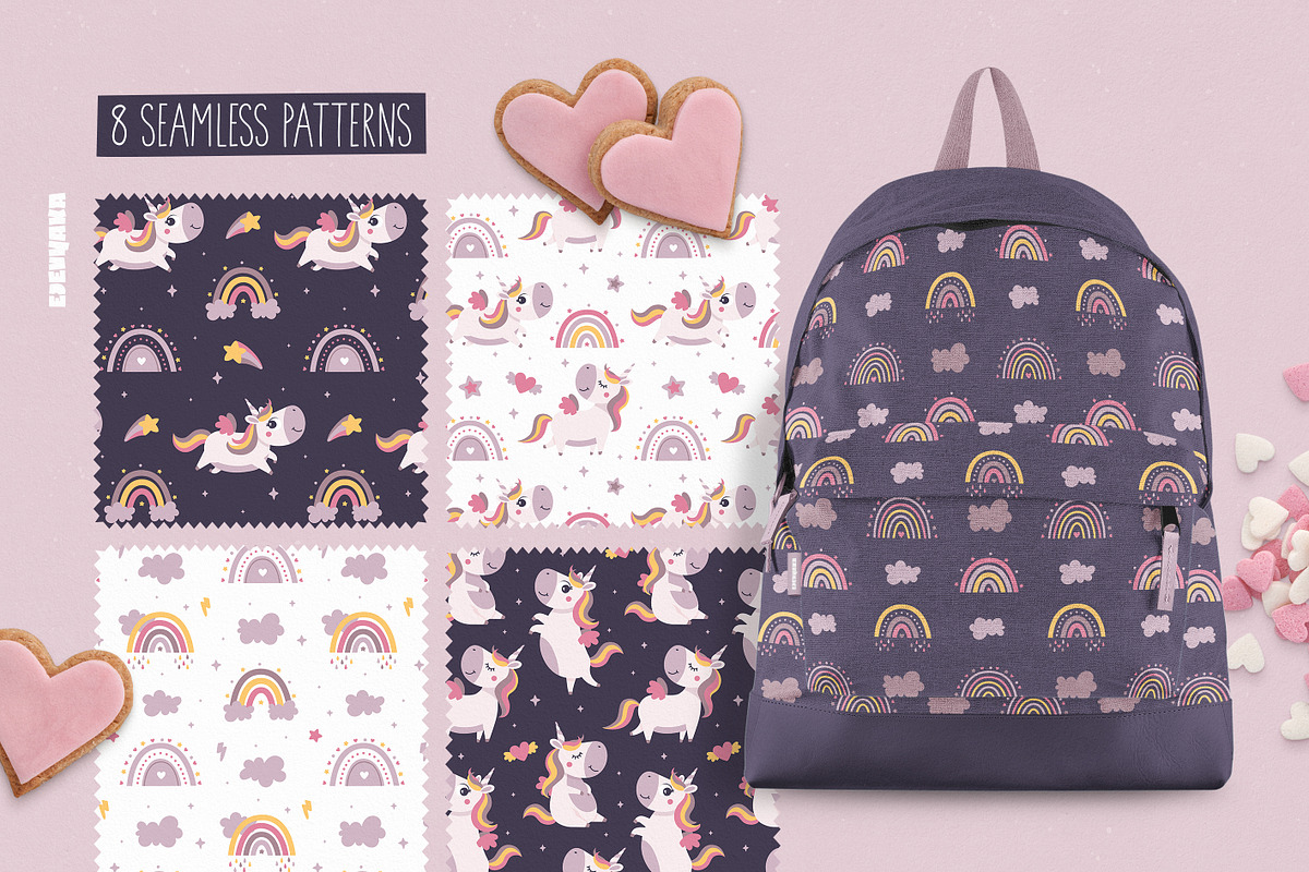 Unicorn Clipart & Rainbow Patterns, an Animal Illustration by Ejevyaka (Photo 4 of 7)