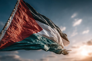 Palestinian flag waving in the wind at sunset with dramatic sky, an Animal Photo by José Manuel Gelpi
