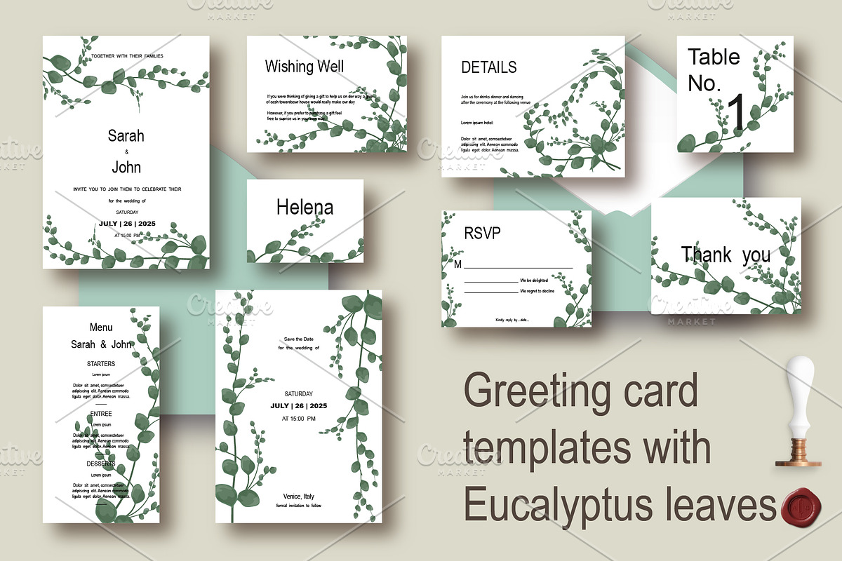 Invitations with eucalyptus leaves, an Invitation Template by Digital illustration shop (Photo 1 of 5)