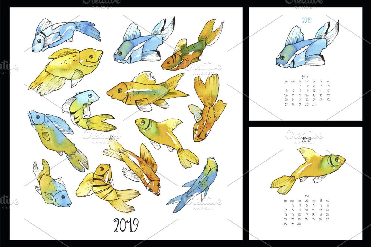 2019 Calendar with watercolor fish, a Card Template by Mira15