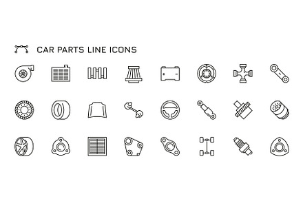 Car parts line icons. Black outline, a Transportation Illustration by Frogella