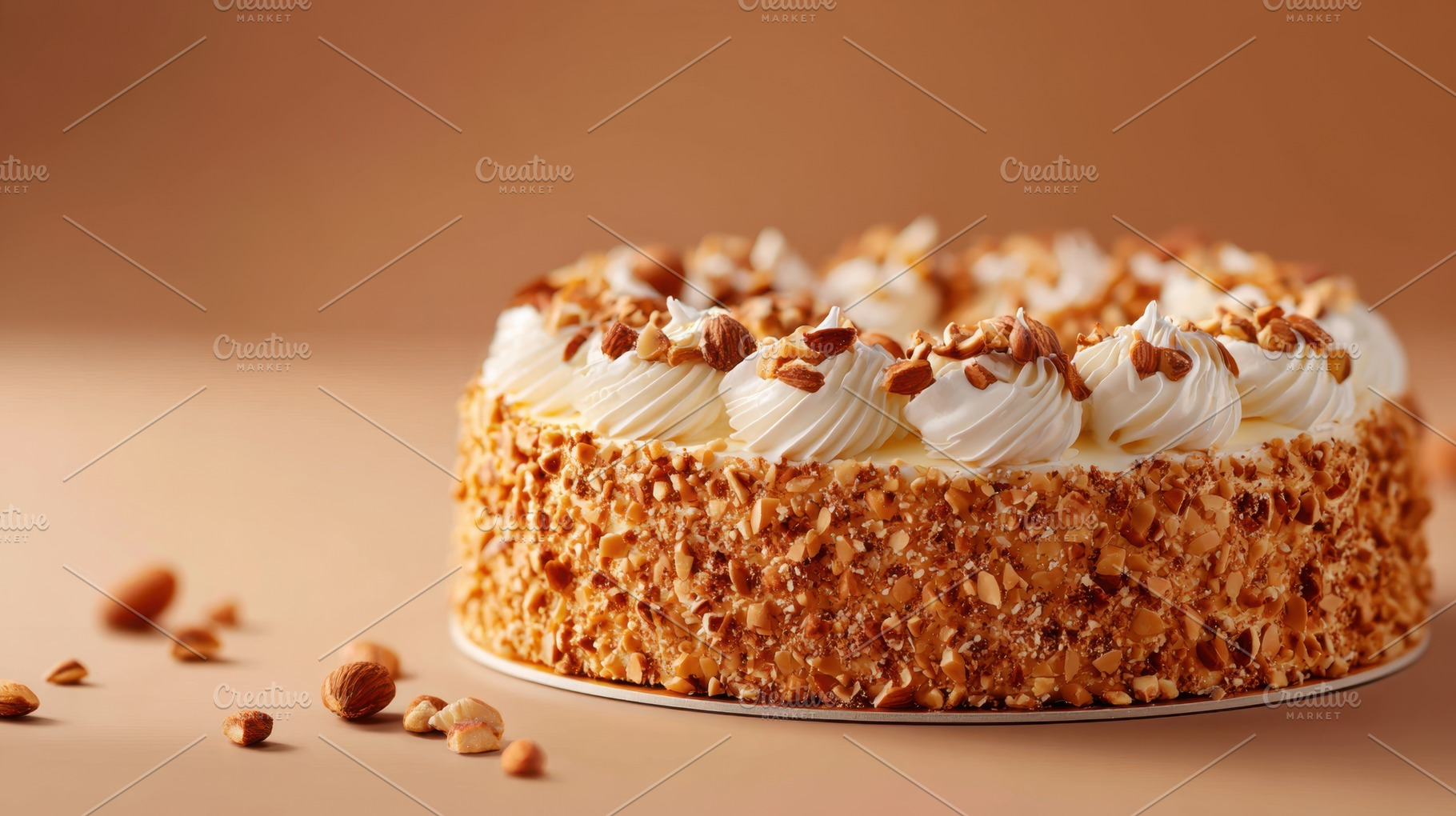 Delicious creamy cake with golden crust and frosting, a Food & Drink Photo by AlyaAnd