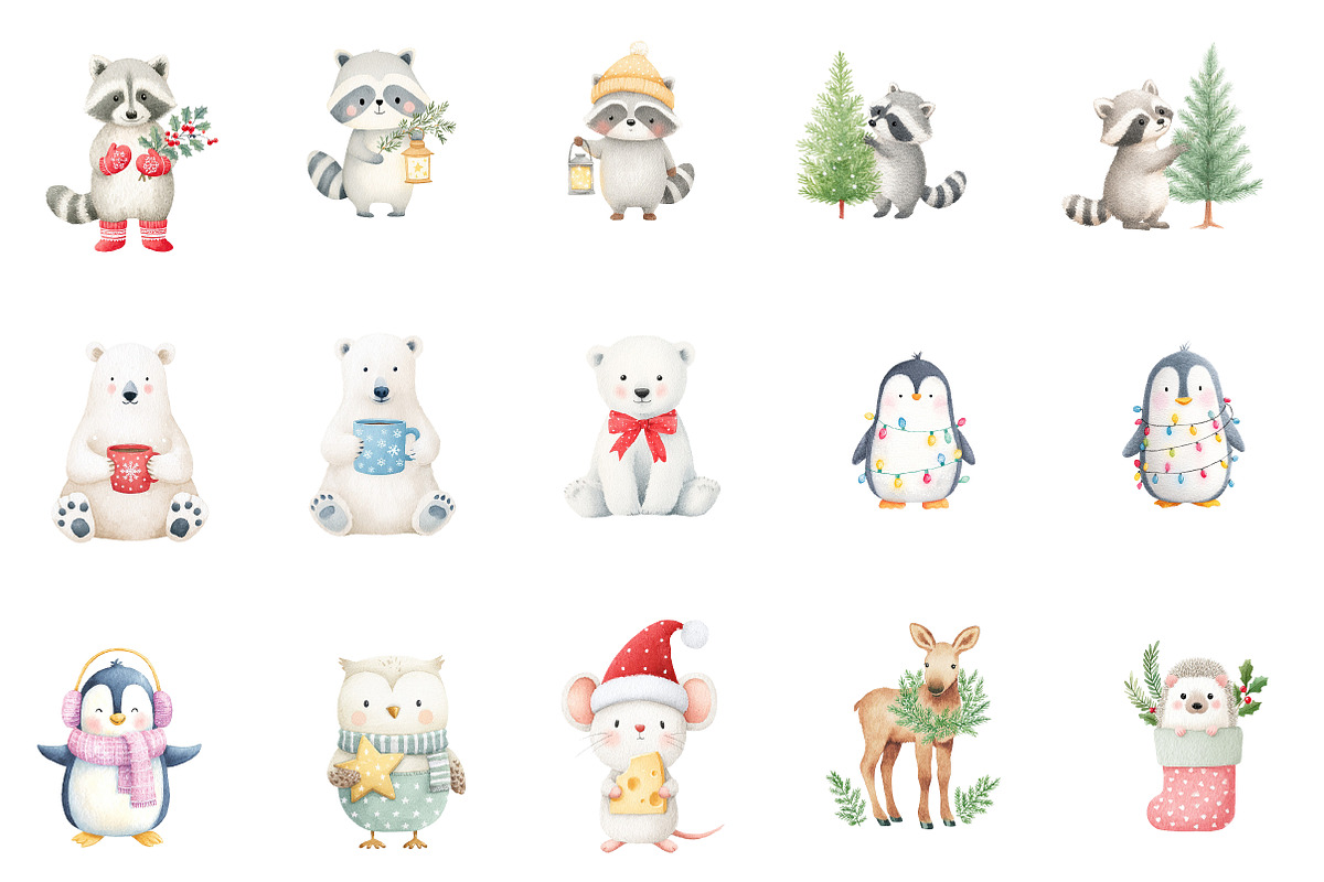 Watercolor Christmas animals Clipart, an Illustration by Designworld (Photo 2 of 5)