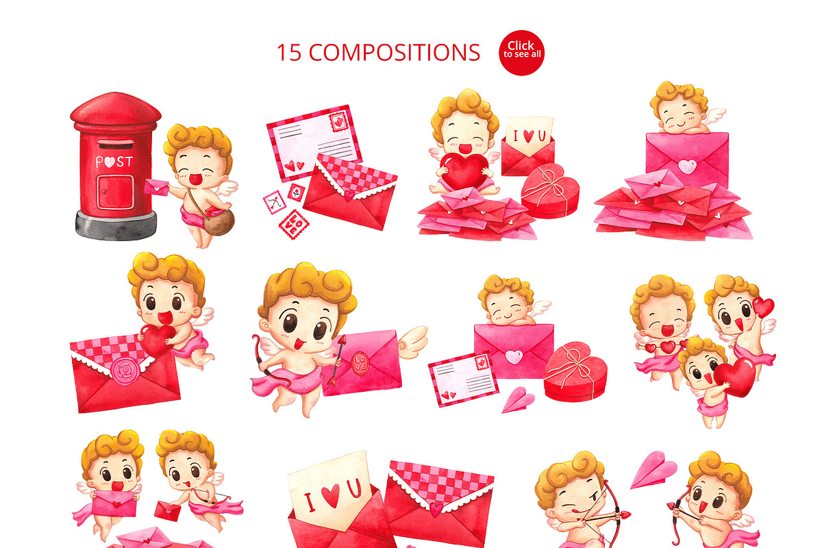 Cupid Mail Service Watercolor, a Seasonal Illustration by CreativeValuation (Photo 3 of 12)
