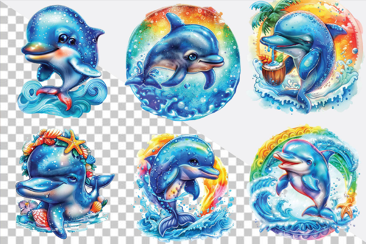 Watercolor Summer Dolphin Clipart Bu, an Illustration by SVGArt (Photo 2 of 9)