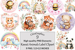 Kawaii Animals Label Clipart Bundle, a Seasonal Illustration by CitraGraphics