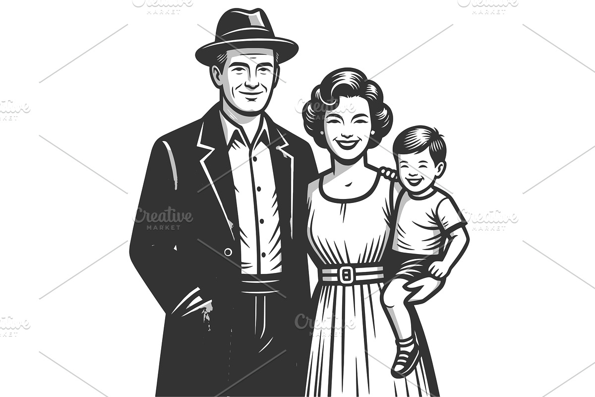 Happy Family Portrait engraving, a Person Illustration by AlexArt