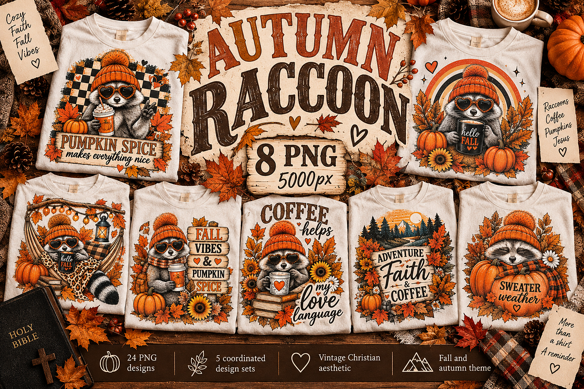 Fall Raccoon 8 PNG Bundle, a Decorative Illustration by ElDesignState (Photo 1 of 9)