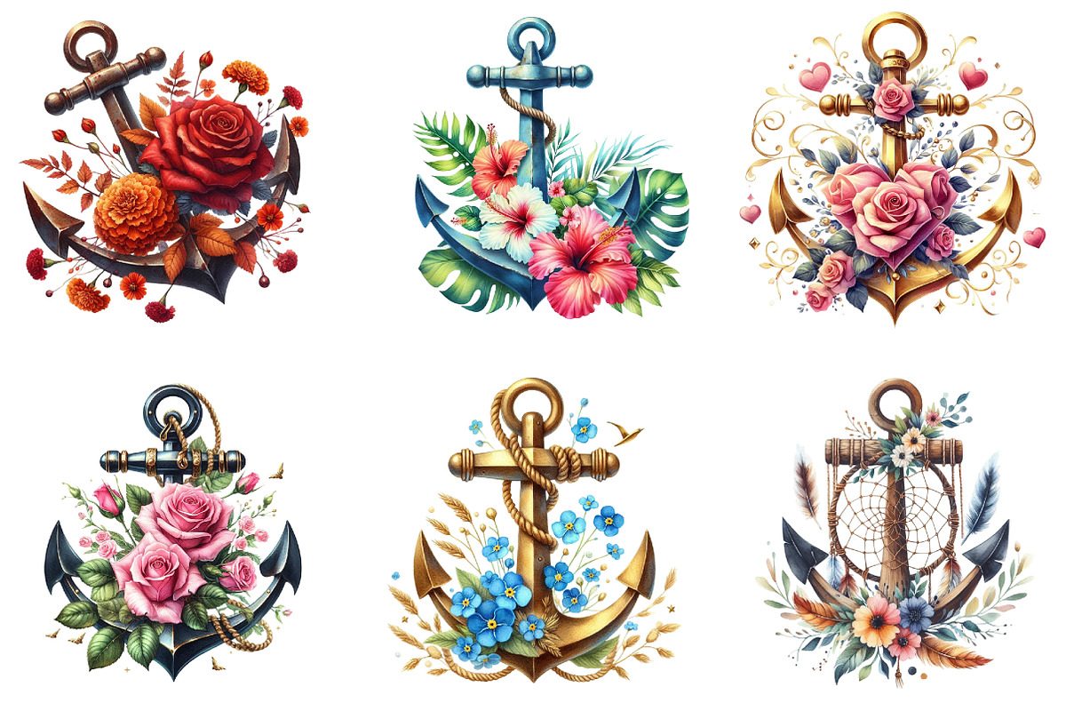 Anchor and Flower Clipart PNG, an Illustration by DreamArtGraphic (Photo 3 of 4)