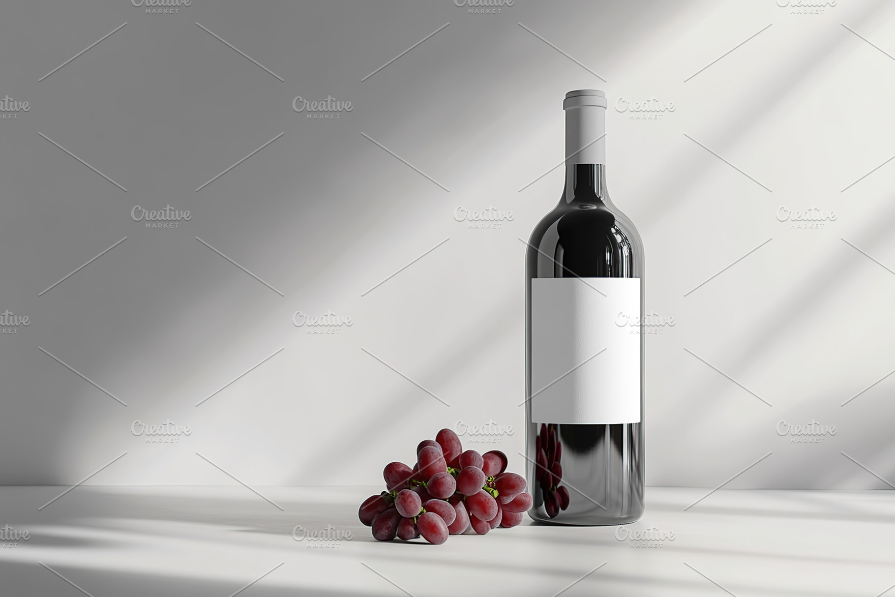 Elegant red wine bottle with grapes on table in soft light, a Food & Drink Photo by AlyaAnd
