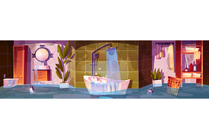 Flooded cartoon bathroom interior, an Object Illustration by art PVP - market